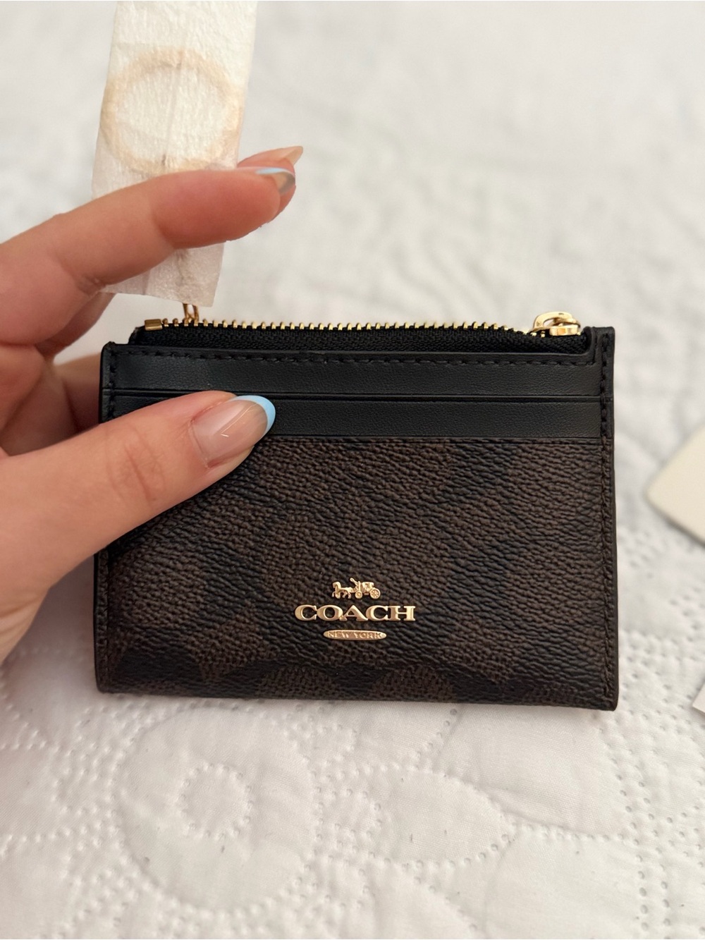 Coach Compact Zip Card Case in Brown and Black with Gold Hardware